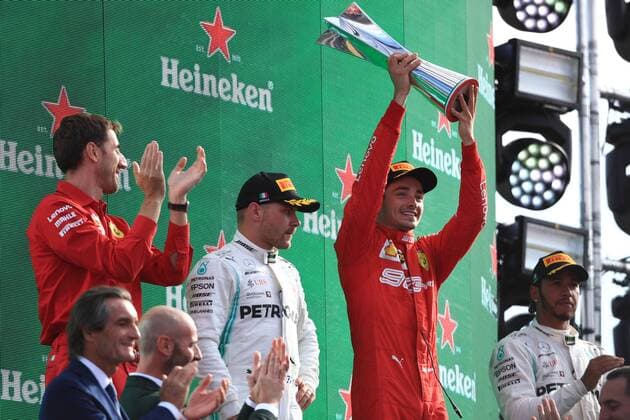 8th September 2019; Autodromo Nazionale, Monza, Italy; Formula 1 Grand Prix of Italy, Race Day; Scuderia Ferrari, Charles Leclerc wins in Monza and celebrates on the podium followed by Mercedes AMG Petronas Motorsport, Valtteri Bottas and Lewis Hamilton - Editorial Use Only.  ActionPlus12166146 Octane