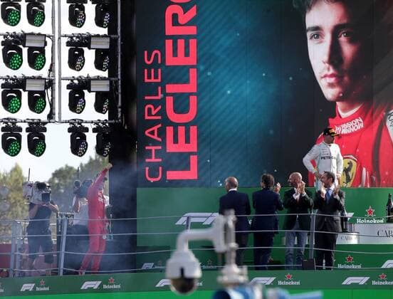 FORMULA 1 GRAN PREMIO HEINEKEN D ITALIA 2019 08.09.2019, Autodromo Nazionale di Monza, Monza, FORMULA 1 GRAN PREMIO HEINEKEN D ITALIA 2019 ,im Bild Podium: Sieger Charles Leclerc (MCO 16), Scuderia Ferrari Mission Winnow, 2.Platz für Valtteri Bottas (FIN 77), Mercedes-AMG Petronas Motorsport, 3.Platz für Lewis Hamilton (GB 44), Mercedes-AMG Petronas Motorsport