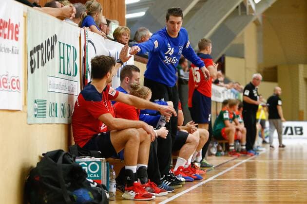 08.09.2019, xtgx, Handball 3. Liga, SC Magdeburg II - TUS VinnhorstI emspor, v.l. Colin Raebiger (Vinnhorst) Jubelt über gehaltenen Ball, abgewehrt, gehalten, Torhüter Magdeburg