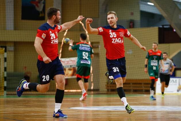 08.09.2019, xtgx, Handball 3. Liga, SC Magdeburg II - TUS VinnhorstI emspor, v.l. Kai Lemke und Yannik Muessner (Vinnhorst) Jubel, Torjubel, jubelt über das Tor, celebrate the goal, celebration Magdeburg