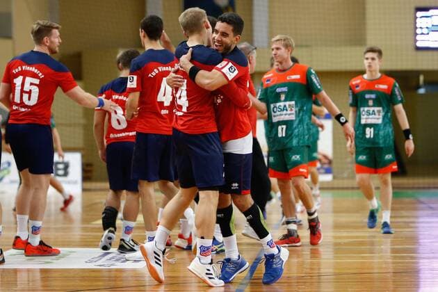08.09.2019, xtgx, Handball 3. Liga, SC Magdeburg II - TUS VinnhorstI emspor, v.l. Vinnhorst Jubel über den Sieg, Jubel nach Spielende Magdeburg