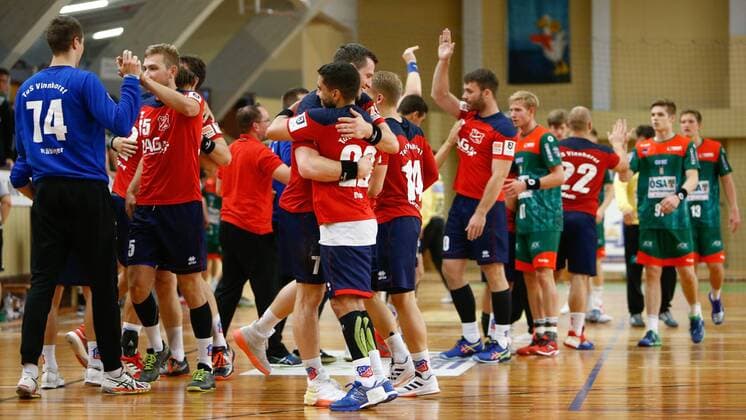 08.09.2019, xtgx, Handball 3. Liga, SC Magdeburg II - TUS VinnhorstI emspor, v.l. Vinnhorst Jubel über den Sieg, Jubel nach Spielende Magdeburg
