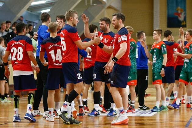 08.09.2019, xtgx, Handball 3. Liga, SC Magdeburg II - TUS VinnhorstI emspor, v.l. Vinnhorst Jubel über den Sieg, Jubel nach Spielende Magdeburg