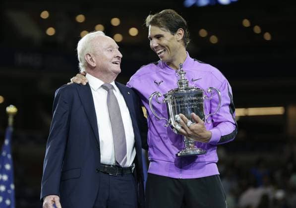 Rafael Nadal of Spain holds the championship trophy while standing next to tennis great Rod Laver after defeating Daniil Medvedev of Russia in 5 sets to win the Men s Final in Arthur Ashe Stadium at the 2019 US Open Tennis Championships at the USTA Billie Jean King National Tennis Center on Sunday, September 8, 2019 in New York City. Nadal defeated Medvedev 7-5, 6-3, 5-7, 4-6, 6-4 and wins his 4th US Open Championship.  NYP20190908143 JOHNxANGELILLO