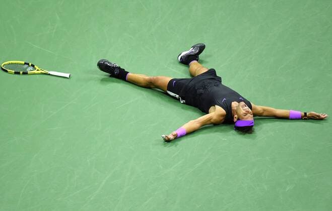 (190909) -- NEW YORK, Sept. 9, 2019 -- Rafael Nadal of Spain celebrates after the men s singles final match between Rafael Nadal of Spain and Daniil Medvedev of Russia at the 2019 US Open in New York, the United States, Sept. 8, 2019. ) (SP)US-NEW YORK-TENNIS-US OPEN-MEN S SINGLES-FINAL LiuxJie 