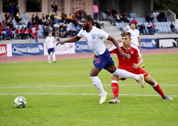 09.09.2019 Basel. Fussball Herren Saison 2019 2020 Laenderspiel U 20 Schweiz - England. Im Bild : 19 Jaghet Tanganga (GBR) gegen 20 Amel Rustemoski (SUI) Aktion Zweikampf