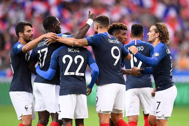 Fußball, EM Quali, Frankreich - Andorra JOIE - 11 KINGSLEY COMAN (FRA) - 13 LEO DUBOIS (FRA) - 07 ANTOINE GRIEZMANN (FRA) FOOTBALL : France vs Andorre - Qualifications Euro 2020 - 10 09 2019 FEP Panoramic 