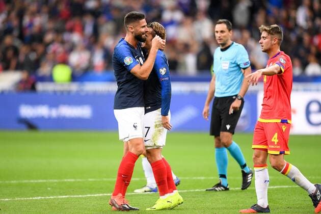 FAIR PLAY - JOIE - DECEPTION - 07 ANTOINE GRIEZMANN (FRA) - 09 OLIVIER GIROUD (FRA) FOOTBALL : France vs Andorre - Qualifications Euro 2020 - 10 09 2019 FEP Panoramic 