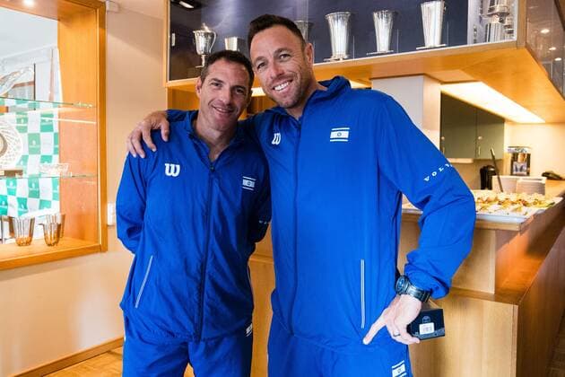 Tennis, DavisCup, Schweden - Israel, Ikea-Duell zur Auslosung 2019 Davis Cup Sweden v Israel 190912 Jonathan Erlich (ISR) and coach Noam Okun (ISR) ahead of the draw ceremony on September 12, 2019 in Stockholm. Copyright: ANDREASxLxERIKSSON BB190912AE020
