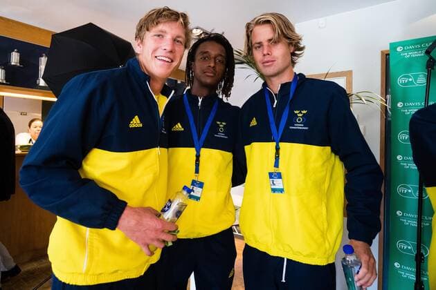 Tennis, DavisCup, Schweden - Israel, Ikea-Duell zur Auslosung 2019 Davis Cup Sweden v Israel 190912 Andre Goransson (SWE), Mikael Ymer (SWE) and Gustav Hansson (SWE) ahead of the draw ceremony on September 12, 2019 in Stockholm. Copyright: ANDREASxLxERIKSSON BB190912AE023