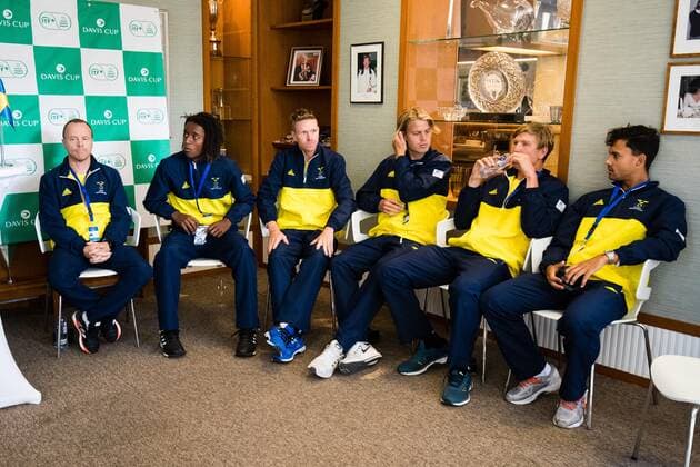 Tennis, DavisCup, Schweden - Israel, Ikea-Duell zur Auslosung 2019 Davis Cup Sweden v Israel 190912 Captain Johan Hedsberg (SWE), Mikael Ymer (SWE), Markus Eriksson (SWE), Gustav Hansson (SWE), Andre Goransson (SWE) and Jonathan Mridha (SWE) during the draw ceremony on September 12, 2019 in Stockholm. Copyright: ANDREASxLxERIKSSON BB190912AE030