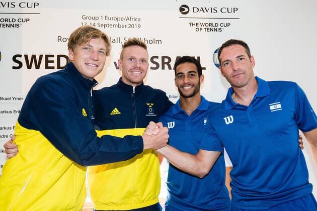 Tennis, DavisCup, Schweden - Israel, Ikea-Duell zur Auslosung 2019 Davis Cup Sweden v Israel 190912 Andre Goransson (SWE), Markus Eriksson (SWE), Daniel Cukierman (ISR) and Jonathan Erlich (ISR) during the draw ceremony on September 12, 2019 in Stockholm. Copyright: ANDREASxLxERIKSSON BB190912AE035