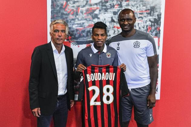 Jean Pierre Rivere (president de l OGC Nice) - Hicham Boudaoui (OGC Nice) - Patrick Vieira (entraineur de l OGC Nice) FOOTBALL : Conference de presentation de Hicham Boudaoui - Nice - 12 09 2019 NorbertScanella PanoramiC 
