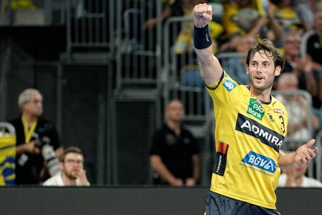 Uwe Gensheimer (RNL, 3), jubelt über ein Tor, Jubel, Torjubel, Torerfolg, celebrate the goal, goal, celebration, Jubel ueber das Tor, optimistisch, Spielszene, Highlight, Einzelbild, Action, Aktion, 12.09.2019, Mannheim, Handball, Bundesliga, Rhein-Neckar Löwen - HBW Balingen-Weilstetten