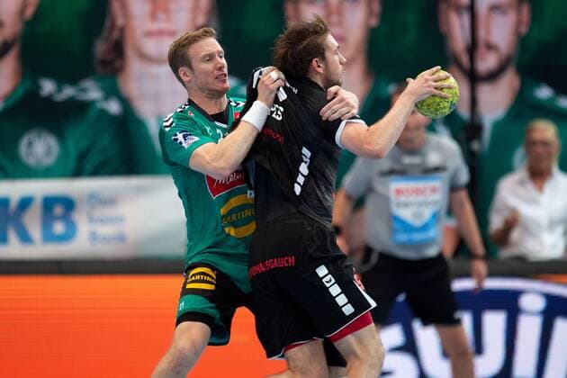 Minden, Deutschland 12.09.2019: 1. Handball-Bundesliga - 2019 2020 - GWD Minden vs. Die Eulen Ludwigshafen (L-R) Magnus Gullerud (Minden), Dominik Mappes (Ludwigshafen) Minden Nordrhein-Westfalen Deutschland Kampa Halle