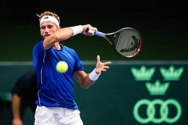 2019 Davis Cup Sweden v Israel 190913 Edan Leshem of Israel during the Davis Cup qualification tennis match between Sweden and Israel on September 13, 2019 in Stockholm. Copyright: JOHANNAxLUNDBERG BB190913JL008
