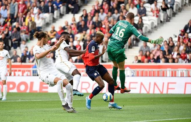 Fußball, OSC Lille - SCO Angers Victor Osimhen ( LOSC ) - Ludovic Butelle ( Angers ) FOOTBALL : Lille OSC vs Angers SCO - Ligue 1 - Lille - 13 09 2019 FedericoPestellini Panoramic 