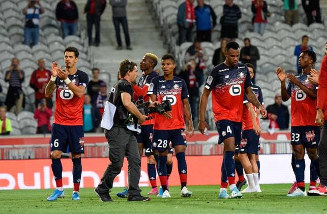 Fußball, OSC Lille - SCO Angers Joie des joueurs de l equipe LOSC - Gabriel Dos Santos ( LOSC ) - Jose Fonte ( LOSC ) - Reinildo Mandava ( LOSC ) FOOTBALL : Lille OSC vs Angers SCO - Ligue 1 - Lille - 13 09 2019 FedericoPestellini Panoramic 