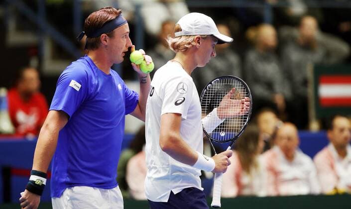 TENNIS - Davis Cup, FIN vs AUT ESPOO,FINLAND,14.SEP.19 - TENNIS - ITF Davis Cup, first round, Finland vs Austria. Image shows Henri Kontinen and Emil Ruusuvuori (FIN). GEPAxpictures xMatthiasxHauer