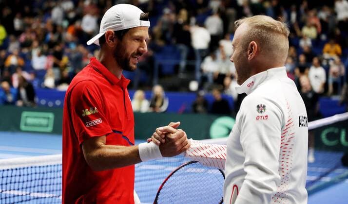 TENNIS - Davis Cup, FIN vs AUT ESPOO,FINLAND,14.SEP.19 - TENNIS - ITF Davis Cup, first round, Finland vs Austria. Image shows the rejoicing of Juergen Melzer and captain Stefan Koubek (AUT). GEPAxpictures xMatthiasxHauer