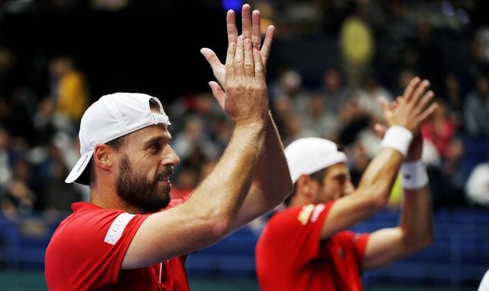 TENNIS - Davis Cup, FIN vs AUT ESPOO,FINLAND,14.SEP.19 - TENNIS - ITF Davis Cup, first round, Finland vs Austria. Image shows the rejoicing of Oliver Marach and Juergen Melzer (AUT). GEPAxpictures xMatthiasxHauer