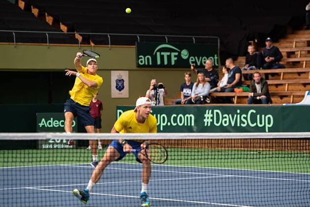 2019 Davis Cup Sweden v Israel 190914 Markus Eriksson and Andre Göransson of Sweden during the Davis Cup qualification tennis match between Sweden and Israel on September 14, 2019 in Stockholm. Copyright: JOHANNAxLUNDBERG BB190914JL002