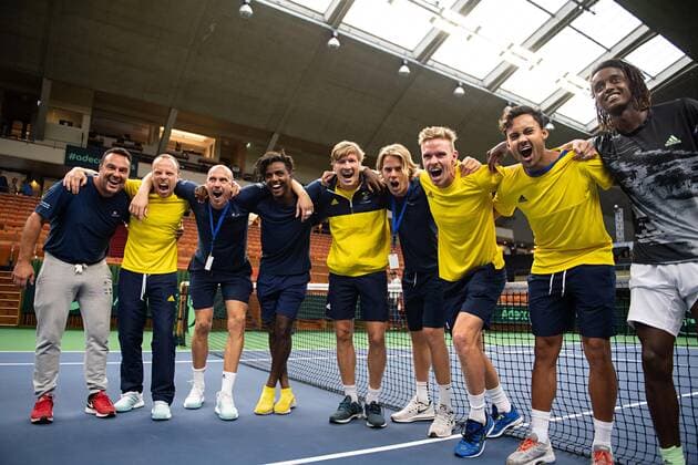 2019 Davis Cup Sweden v Israel 190914 Team Sweden celebrating after the Davis Cup qualification tennis match between Sweden and Israel on September 14, 2019 in Stockholm. Copyright: JOHANNAxLUNDBERG BB190914JL005