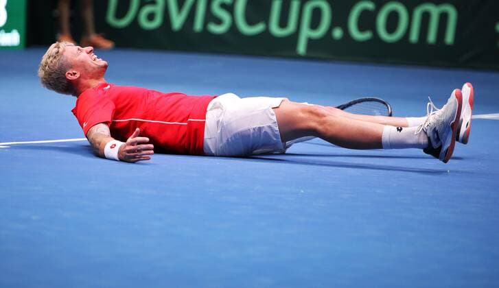 TENNIS - Davis Cup, FIN vs AUT ESPOO,FINLAND,14.SEP.19 - TENNIS - ITF Davis Cup, first round, Finland vs Austria. Image shows the rejoicing of Dennis Novak (AUT). GEPAxpictures xMatthiasxHauer