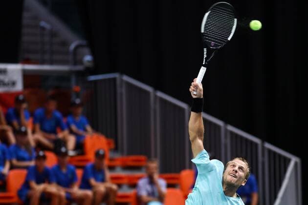 Zenica: Davis Cup: Bosna i Hercegovina protiv Èeöke 14.09.2019., City Arena Husejin Smajlovic, Zenica, Bosna i Hercegovina - Davis Cup meeting between Bosnia and Herzegovina and the Czech Republic. Tennis match Mirza Basic - Jonas Forejtek. Mirza Basic Bosnia and Herzegovina, Zenica  ArminxDurgut PIXSELL