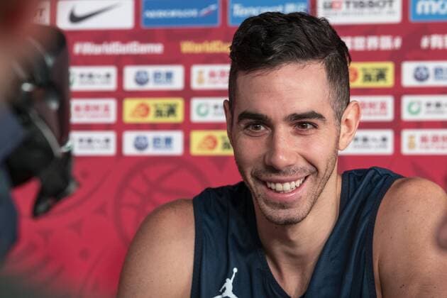 September 15, 2019, Beijing, CHINA: Luca VILDOZA of Argentina is interviewed at end the final practice session before the World Cup Basketball final in Beijing Basketball World Cup Class games Argentina vs Spain - ZUMAr144 20190915_zap_r144_006 Copyright: xJaynexRussellx