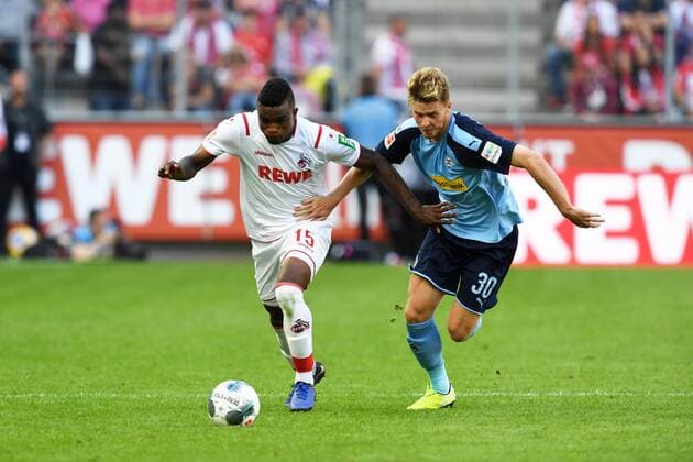 Fussball, 1.BL Saison 2019 2020, 1.FC Köln vs Borussia Mönchengladbach, 14.09.2019, Rheinenergiestadion Köln Jhon Cordoba 1.FC Köln, Nico Elvedi, Borussia Mönchengladbach *** Football, 1 BL Season 2019 2020, 1 FC Cologne vs. Borussia Mönchengladbach, 14 09 2019, Rheinenergiestadion Cologne Jhon Cordoba 1 FC Cologne, Nico Elvedi, Borussia Mönchengladbach