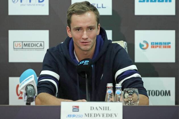 ST PETERSBURG, RUSSIA - SEPTEMBER 15, 2019: Tennis player Daniil Medvedev at a press conference, PK, Pressekonferenz on the 24th St Petersburg Open, a tournament scheduled to start on September 16 at Sibur Arena as part of the 2019 ATP, Tennis Herren Tour. Alexander Demianchuk TASS  TS0BADEB