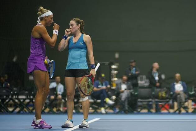 ZHENGZHOU, CHINA - SEPTEMBER 15: Yanina Wickmayer of Belgium and Tamara Zidansek of Slovenia in action in the doubles final match against Nicole Melichar of United States and Kveta Peschke of Czech Republic on day seven of Zhengzhou Open 2019 at Zhongyuan Tennis Training Base Management Center on September 15, 2019 in Zhengzhou, Henan Province of China.  Copyright: xVCGx CFP111249284141 