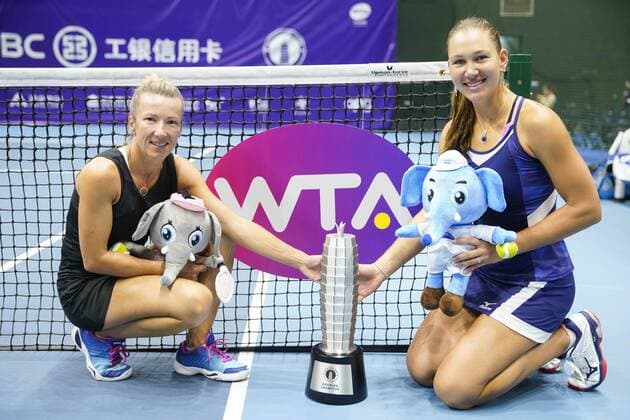 ZHENGZHOU, CHINA - SEPTEMBER 15: Nicole Melichar of United States and Kveta Peschke of Czech Republic celebrate with their trophy after winning the doubles final match against Yanina Wickmayer of Belgium and Tamara Zidansek of Slovenia on day seven of Zhengzhou Open 2019 at Zhongyuan Tennis Training Base Management Center on September 15, 2019 in Zhengzhou, Henan Province of China.  Copyright: xVCGx CFP111249283481 