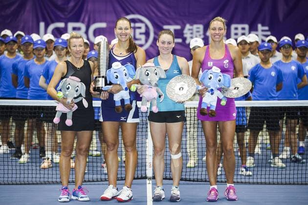 ZHENGZHOU, CHINA - SEPTEMBER 15: Nicole Melichar (2nd L) of United States and Kveta Peschke (L) of Czech Republic pose with the championship trophy while Yanina Wickmayer (R) of Belgium and Tamara Zidansek (2nd R) of Slovenia pose with runner-up trophies after the doubles final match on day seven of Zhengzhou Open 2019 at Zhongyuan Tennis Training Base Management Center on September 15, 2019 in Zhengzhou, Henan Province of China.  Copyright: xVCGx CFP111249283463 