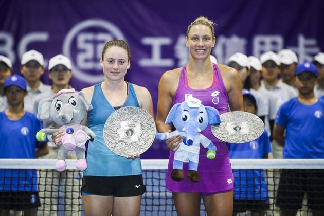 ZHENGZHOU, CHINA - SEPTEMBER 15: Yanina Wickmayer of Belgium and Tamara Zidansek of Slovenia pose with the runner-up trophies after the doubles final match against Nicole Melichar of United States and Kveta Peschke of Czech Republic on day seven of Zhengzhou Open 2019 at Zhongyuan Tennis Training Base Management Center on September 15, 2019 in Zhengzhou, Henan Province of China.  Copyright: xVCGx CFP111249283471 