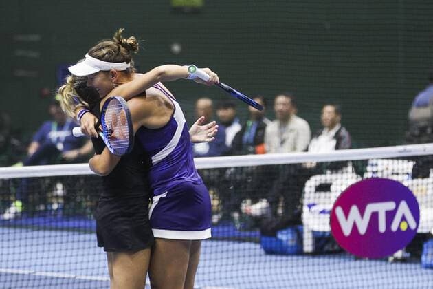 ZHENGZHOU, CHINA - SEPTEMBER 15: Nicole Melichar of United States and Kveta Peschke of Czech Republic celebrate victory after the doubles final match against Yanina Wickmayer of Belgium and Tamara Zidansek of Slovenia on day seven of Zhengzhou Open 2019 at Zhongyuan Tennis Training Base Management Center on September 15, 2019 in Zhengzhou, Henan Province of China.  Copyright: xVCGx CFP111249284131 