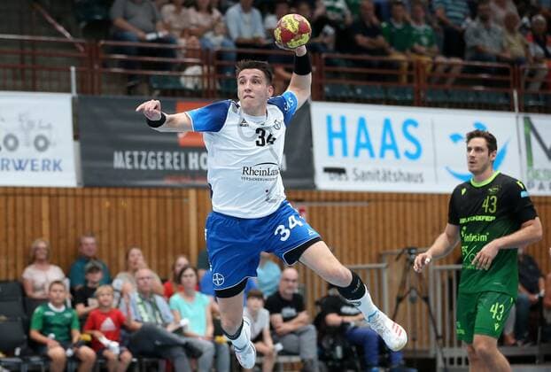 v.li.: Jakub Sterba (TSV Bayer Dormagen), Benedikt Brielmeier (DJK Rimpar Wölfe), 15.09.2019, Würzburg (Deutschland), Liqui Moli 2. Handball-Bundesliga, DJK Rimpar Wölfe - TSV Bayer Dormagen