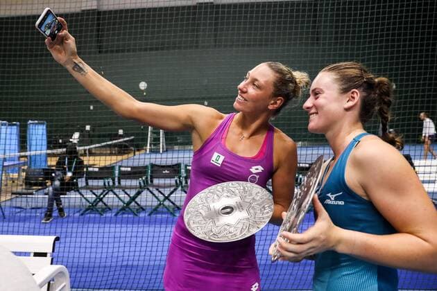 ZHENGZHOU, CHINA - SEPTEMBER 15: Yanina Wickmayer of Belgium and Tamara Zidansek of Slovenia pose with their runner-up trophies after the doubles final match against Nicole Melichar of United States and Kveta Peschke of Czech Republic on day seven of Zhengzhou Open 2019 at Zhongyuan Tennis Training Base Management Center on September 15, 2019 in Zhengzhou, Henan Province of China.  Copyright: xVCGx CFP111249283747 