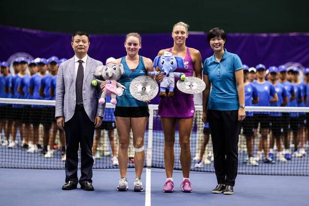 ZHENGZHOU, CHINA - SEPTEMBER 15: Yanina Wickmayer of Belgium and Tamara Zidansek of Slovenia pose with their runner-up trophies after the doubles final match against Nicole Melichar of United States and Kveta Peschke of Czech Republic on day seven of Zhengzhou Open 2019 at Zhongyuan Tennis Training Base Management Center on September 15, 2019 in Zhengzhou, Henan Province of China.  Copyright: xVCGx CFP111249283771 