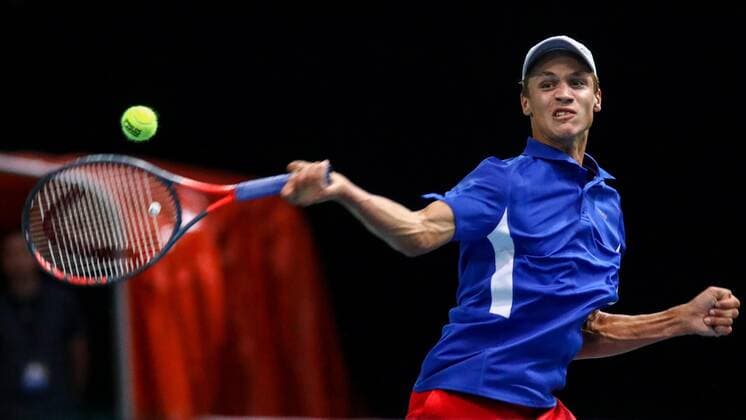 Zenica: Davis Cup, Bosnia and Herzegovina - Czech republic 15.09.2019., Husejin Smajlovic City Arena, Zenica, Bosnia and Herzegovina - Davis Cup meeting between Bosnia and Herzegovina and the Czech Republic.. Tennis match Tomislav Brkic - Jonas Forejtek. Jonas Forejtek Bosnia and Herzegovina, Zenica  ArminxDurgut PIXSELL