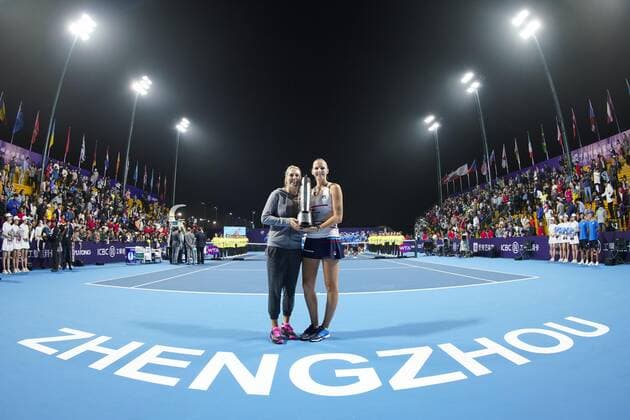 ZHENGZHOU, CHINA - SEPTEMBER 15: (EDITORS NOTE: This Image was shot with a fish eye lens) Karolina Pliskova of Czech Republic celebrates with the champion trophy after the singles final match against Petra Martic of Croatia on day seven of Zhengzhou Open 2019 at Zhongyuan Tennis Training Base Management Center on September 15, 2019 in Zhengzhou, Henan Province of China.  Copyright: xVCGx CFP111249296747 