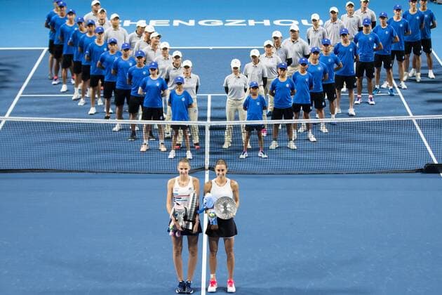 ZHENGZHOU, CHINA - SEPTEMBER 15: Karolina Pliskova (L) of Czech Republic poses with the champion trophy while Petra Martic of Croatia poses with runner-up trophy after their singles final match on day seven of Zhengzhou Open 2019 at Zhongyuan Tennis Training Base Management Center on September 15, 2019 in Zhengzhou, Henan Province of China.  Copyright: xVCGx CFP111249295306 