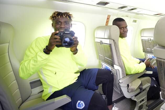 Genk s Stephen Pius Odey and Genk s Aly Mbwana Samatta pictured before the departure of Belgian soccer team RC Genk, Monday 16 September 2019 in Maastricht, The Netherlands. RC Genk plays Tomorrow against Austrian club RB Salzburg in the group stage of the UEFA Champions League. YORICKxJANSENS  x05663278x