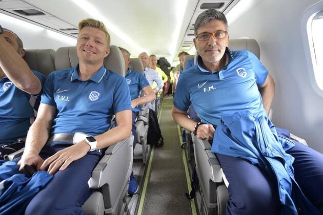 Genk s assistant coach Tom Van Imschoot and Genk s head coach Felice Mazzu pictured before the departure of Belgian soccer team RC Genk, Monday 16 September 2019 in Maastricht, The Netherlands. RC Genk plays Tomorrow against Austrian club RB Salzburg in the group stage of the UEFA Champions League. YORICKxJANSENS  x05663281x