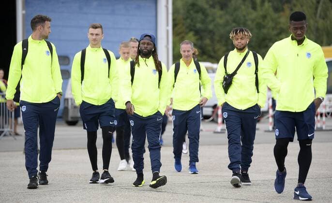 Genk s Dries Wouters, Genk s Bryan Heynen, Genk s Dieumerci Ndongala, Genk s Theo Bongonda and Genk s Carlos Cuesta pictured before the departure of Belgian soccer team RC Genk, Monday 16 September 2019 in Maastricht, The Netherlands. RC Genk plays Tomorrow against Austrian club RB Salzburg in the group stage of the UEFA Champions League. YORICKxJANSENS  x05663259x