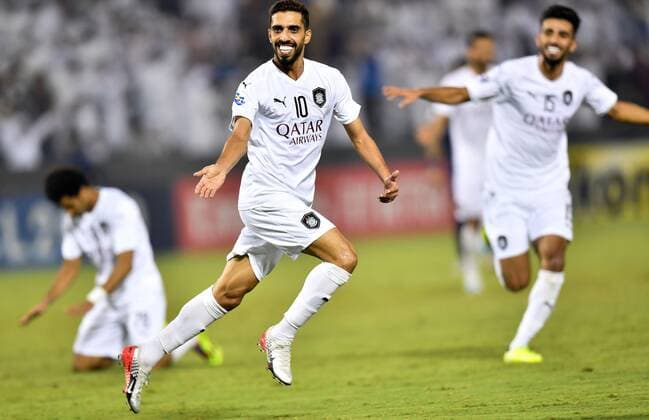 (190917) -- DOHA, Sept. 17, 2019 -- Hassan Al Haydos (C) of Al Sadd celebrates after scoring during the second leg of the quarterfinal match against Saudi s Al-Nassr at the AFC Champions League in Doha, capital of Qatar, Sept. 16, 2019. Al Sadd won the match 3-1 and qualified to the semifinal on a 4-3 aggregate score. (Photo by Nikku Xinhua) (SP)QATAR-DOHA-SOCCER-AFC CHAMPIONS LEAGUE-QUARTERFINAL yangyuanyong 