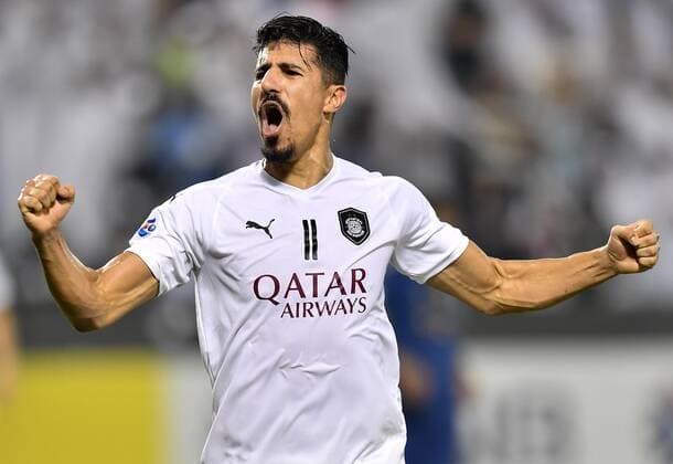 (190917) -- DOHA, Sept. 17, 2019 -- Baghdad Bounedjah of Al Sadd celebrates after scoring during the second leg of the quarterfinal match against Saudi s Al-Nassr at the AFC Champions League in Doha, capital of Qatar, Sept. 16, 2019. Al Sadd won the match 3-1 and qualified to the semifinal on a 4-3 aggregate score. (Photo by Nikku Xinhua) (SP)QATAR-DOHA-SOCCER-AFC CHAMPIONS LEAGUE-QUARTERFINAL yangyuanyong 