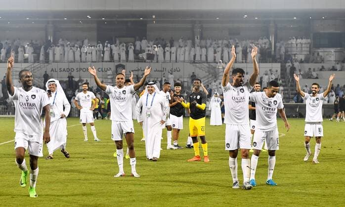(190917) -- DOHA, Sept. 17, 2019 -- Players of Qatar s Al Sadd greet fans after winning the second leg of the quarterfinal match against Saudi s Al-Nassr at the AFC Champions League in Doha, capital of Qatar, Sept. 16, 2019. Al Sadd won the match 3-1 and qualified to the semifinal on a 4-3 aggregate score. (Photo by Nikku Xinhua) (SP)QATAR-DOHA-SOCCER-AFC CHAMPIONS LEAGUE-QUARTERFINAL yangyuanyong 