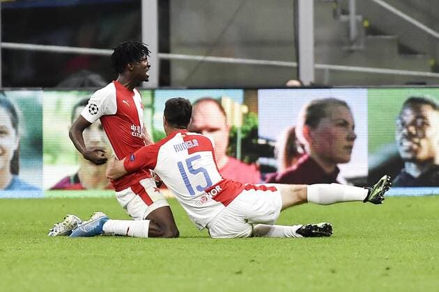Photo LaPresse Marco Alpozzi September 17, 2019 Milan (Italy) soccer Inter Vs Slavia Praha - Champions League group stage - Group F - Giuseppe Meazza stadium In the pic: Peter Olayinka (SK Slavia Prague); celebrating after scoaring goal 0-1  Copyright: xMarcoxAlpozzi LaPresse LaPresse x